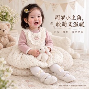 拉果拉2026秋冬韩版碎花连衣裙女童加绒加厚洋气保暖背心裙两件套