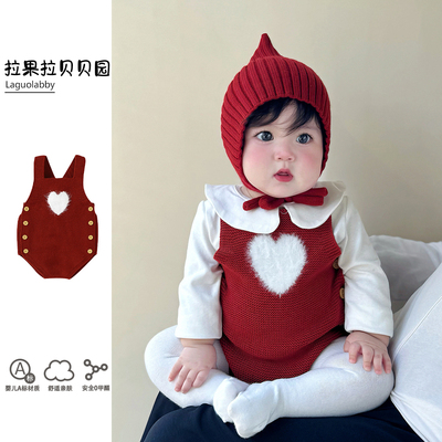 拉果拉婴儿圣诞款针织背带裤套装