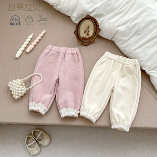 婴儿裤子加绒冬保暖外穿儿童长裤纯色花边休闲卫衣女宝宝卫裤秋装