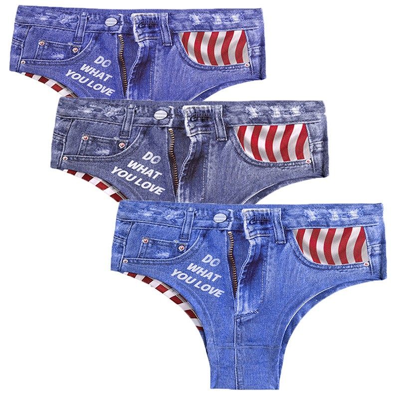 3D牛仔内裤女纯棉透气薄款丁字裤性感低腰时尚三角裤女学生韩版潮