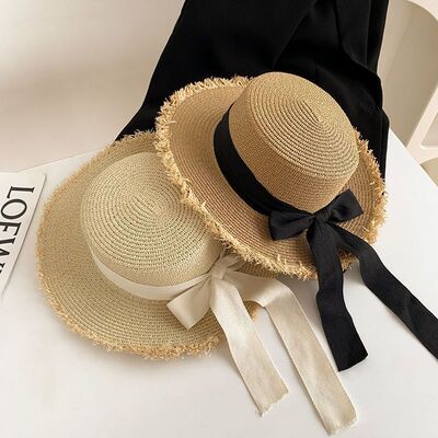 透气平顶草帽大帽檐防晒遮阳帽草编帽子女款夏季度假风海边沙滩帽