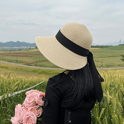 大帽檐太阳帽子女夏季法式优雅蝴蝶结织带草帽时尚百搭防晒遮阳帽