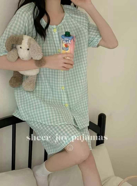 全棉水洗色织双层纱圆领短袖短裤套头睡衣简约格子家居服奶油格子