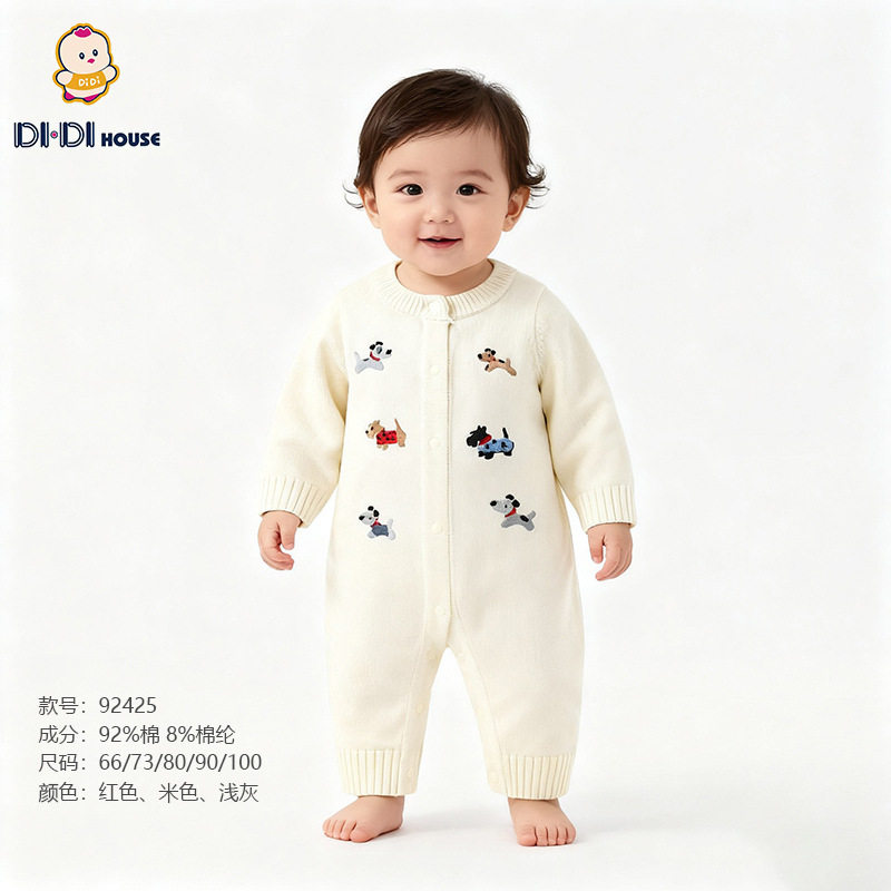 婴幼儿秋冬新款针织连体衣男女宝宝可爱卡通刺绣毛衣爬爬服哈衣潮