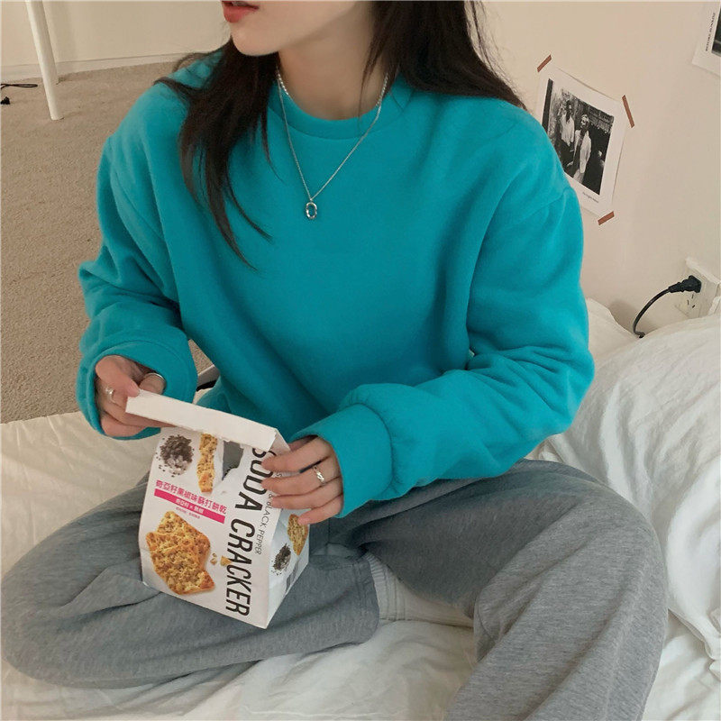 Real shot real price basic loose solid color winter thickened Plush sweater round neck Pullover long sleeve