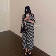 New style real price versatile casual stripe loose dress T-shirt lazy style long short sleeve split skirt