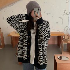Real shot real price thickened sweater cardigan female stripe color matching Zebra Print loose V-neck knitted jacket
