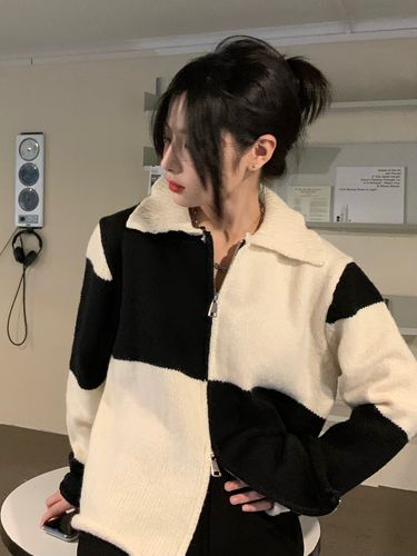 New real shot real price design sense double zipper checkerboard Lapel sweater short cardigan coat