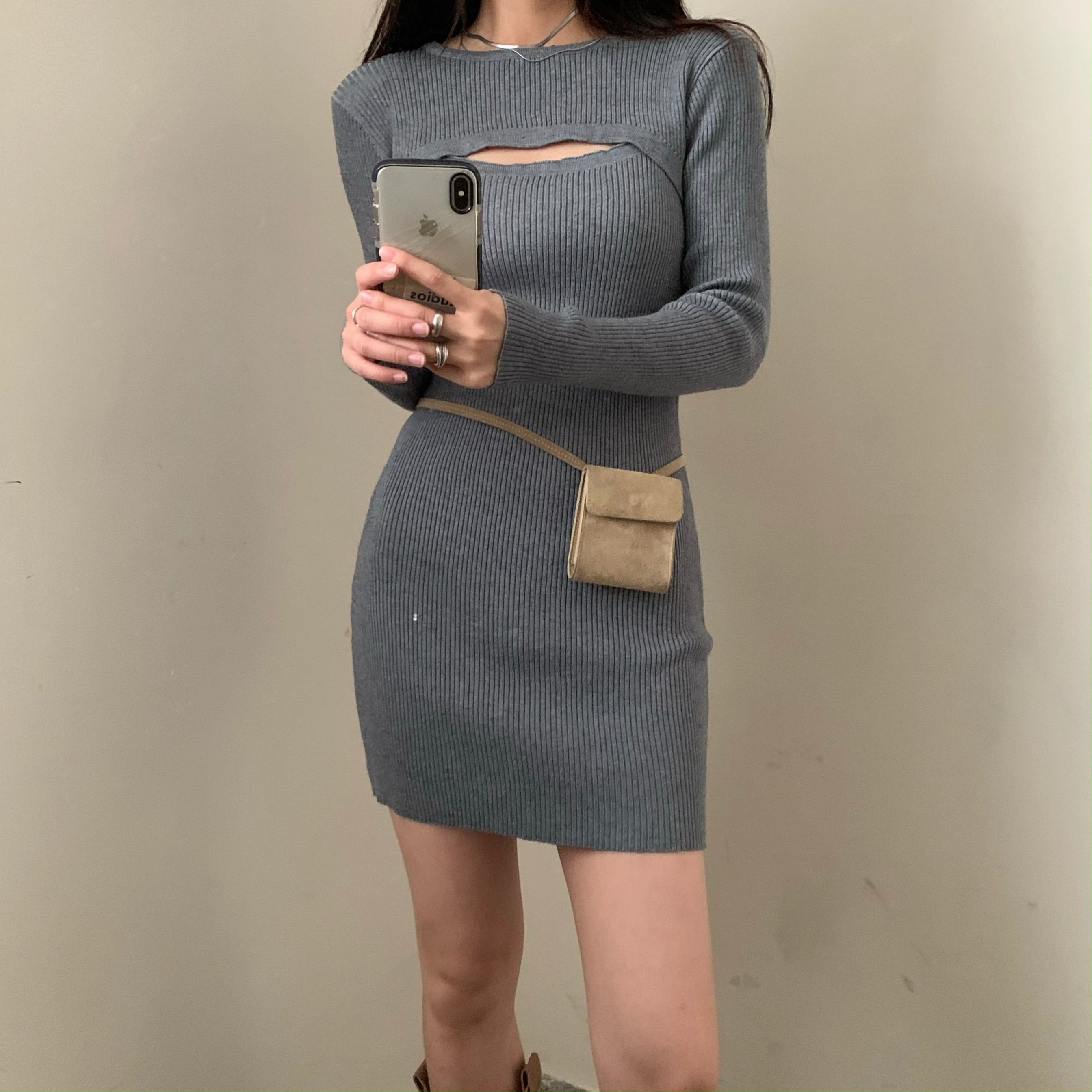 Two pieces of long sleeve short blouse + suspender slim knit Hip Wrap Dress