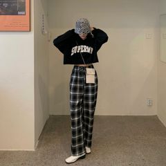 Real price loose hooded lettered print edging short sweater + versatile black and white check wide leg pants