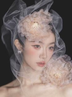 褶皱素纱小头纱凹造型影楼拍照化妆造型旅拍外景硬纱婚纱摄影旅拍