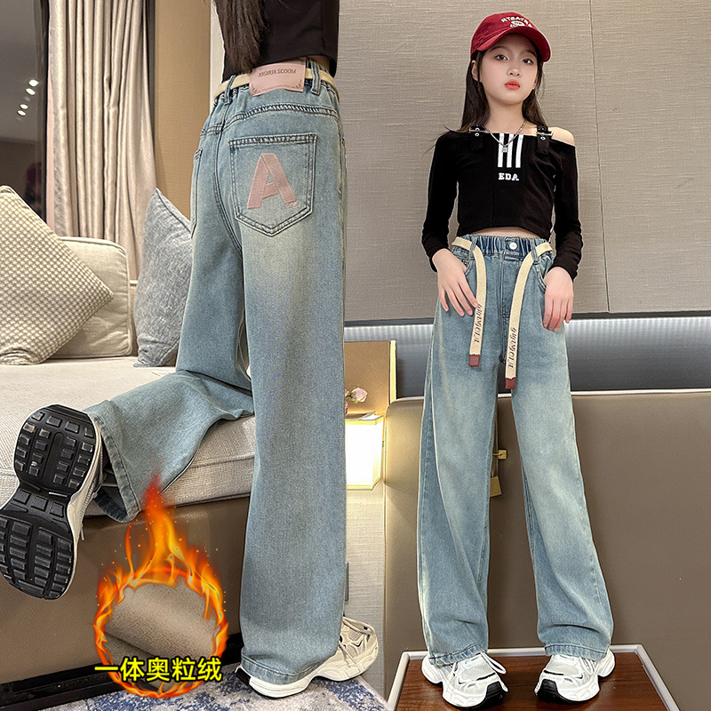女童2025春秋冬新款牛仔裤阔腿裤