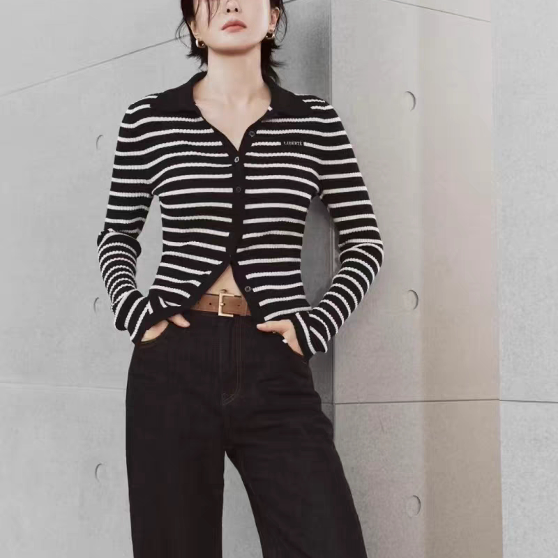 【秦岚同款】商场MO针织衫开衫2025秋新品含绵羊毛条纹MBE3CAR022