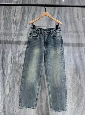 正品2026春季精工烫钻纯棉直筒牛仔裤怀旧灰蓝阔腿裤MBF1JEN010