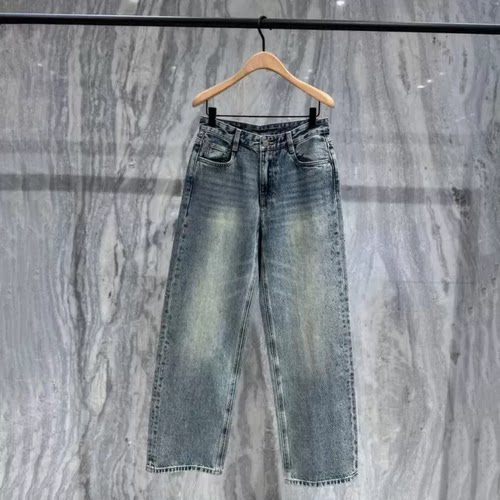 正品2026春季精工烫钻纯棉直筒牛仔裤怀旧灰蓝阔腿裤MBF1JEN010
