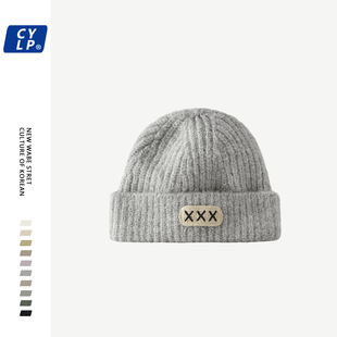 ins韩国东大门XXX布标大头围针织帽女秋冬季 显脸小毛线帽 羊毛短款