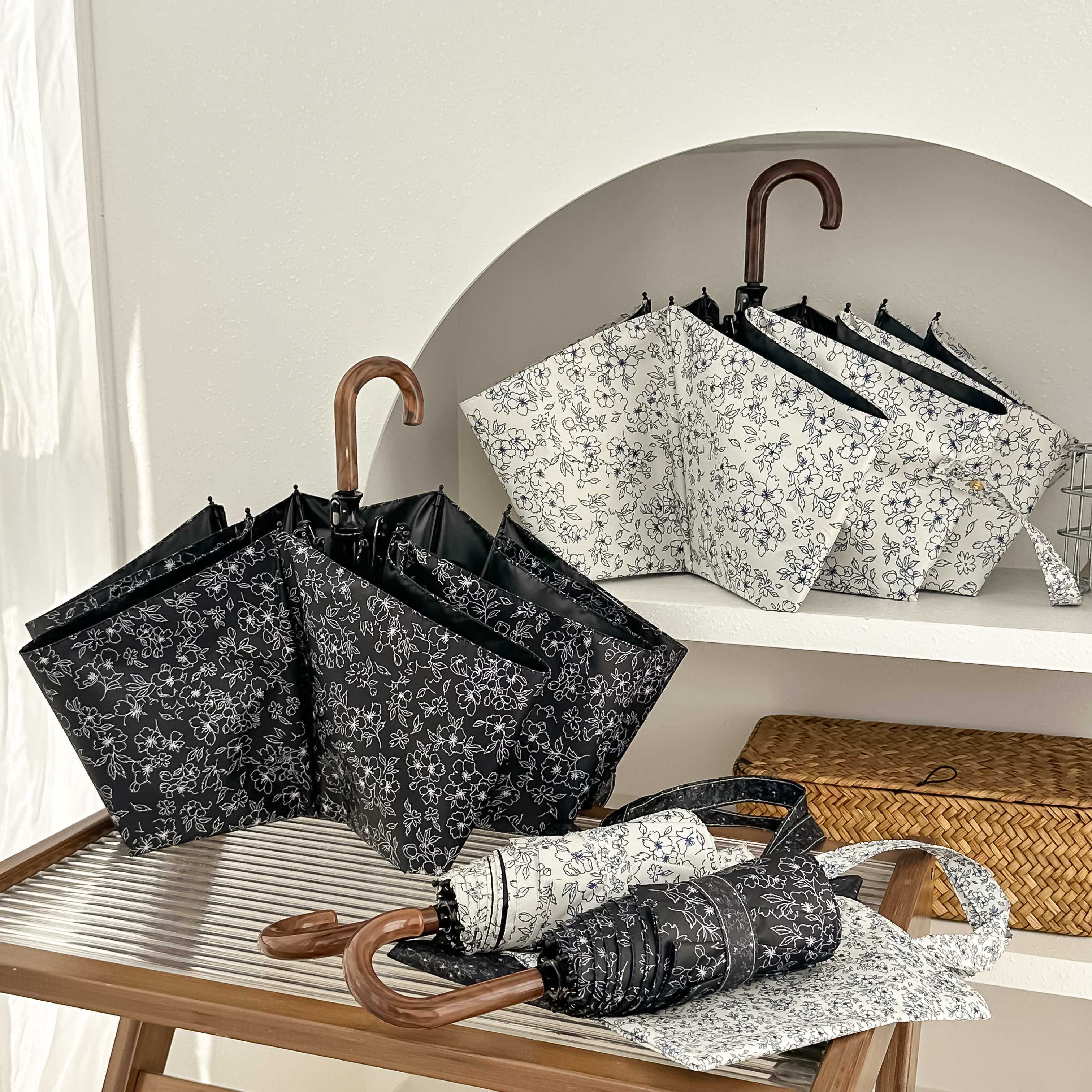 自然风小碎花弯钩雨伞防晒晴雨伞两用弯钩伞太阳伞黑胶防紫外线女