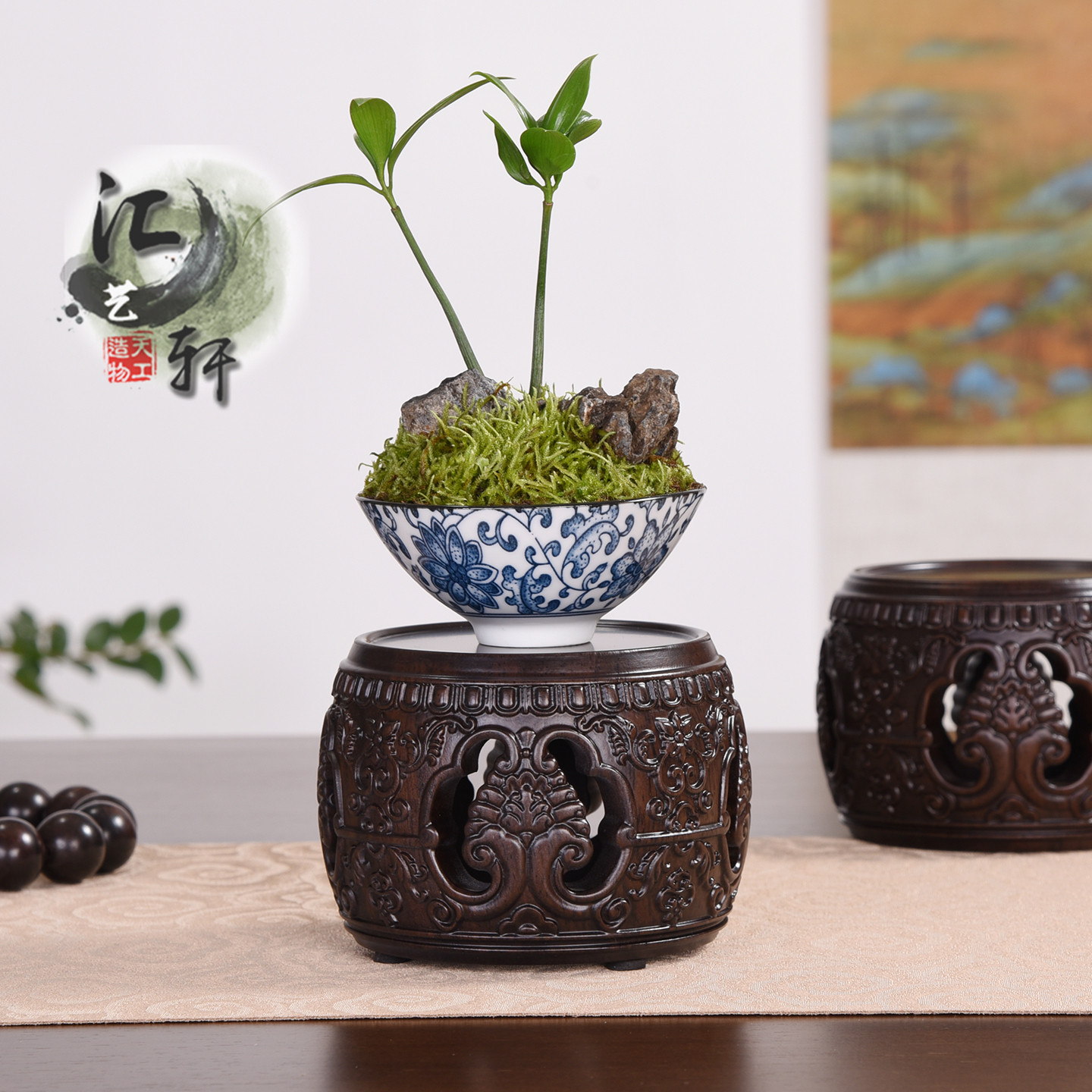 实木非洲黑檀整木镂空茶壶盆景香炉摆件展示底座文玩鼓形圆形木托