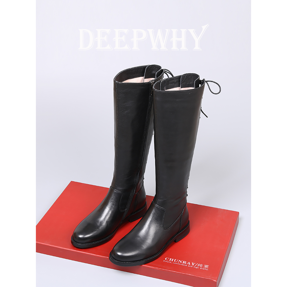 后系带全真皮保暖平底长筒靴子