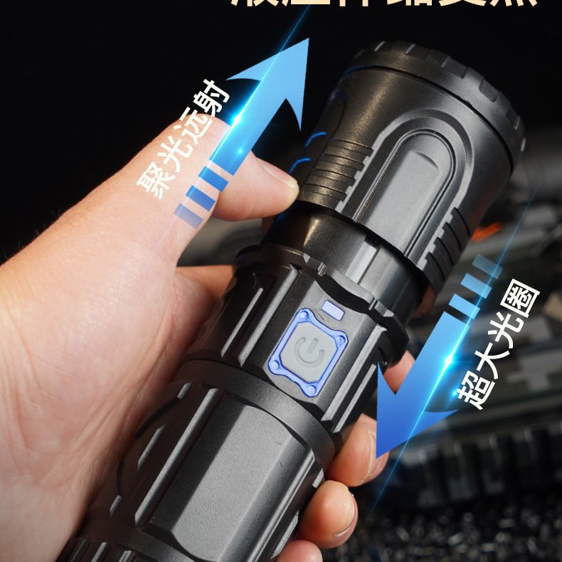 爆款白激光伸缩变焦强光手电筒LED远射光束电量显示USB灯