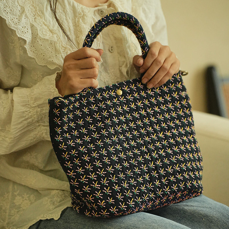 钟声刺绣 全手工蜻蜓菜篮子包 出行便携文艺收纳包