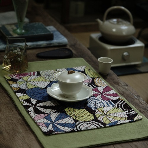 钟声刺绣 原创全手工密密缝彩色雨歇茶席 国风复古茶垫个人垫