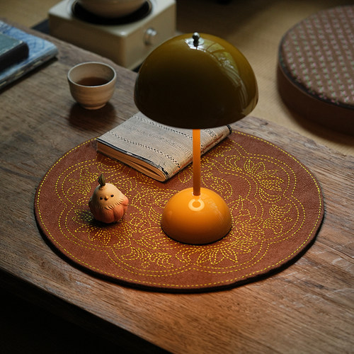 钟声刺绣 全手工 圆形蛇盘莲花茶席 垫置物垫隔热垫耐磨耐用