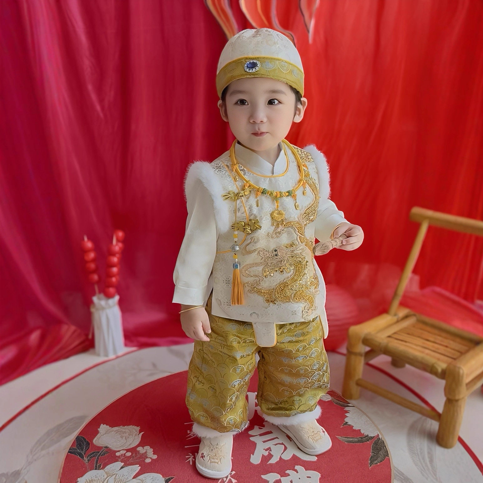 男童金色周岁礼服秋冬套装中式婴儿抓周生日宴唐装宝宝马年拜年服