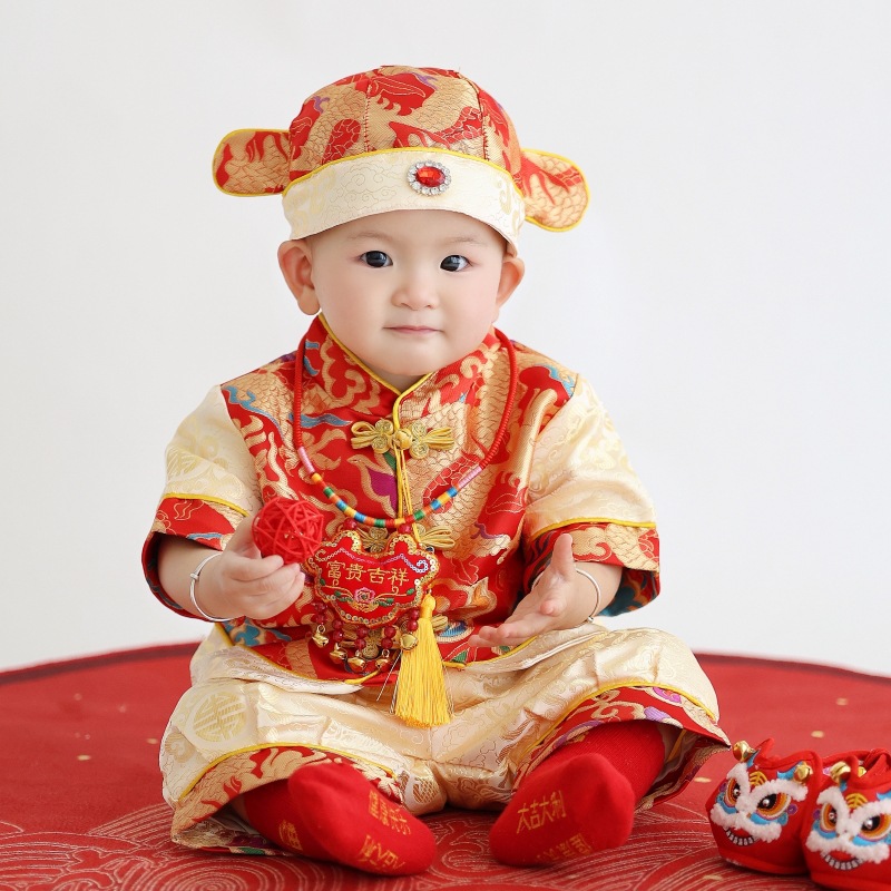 宝宝唐装礼服新中式生日宴冠衣男童抓周礼服夏季套装婴儿短袖分体