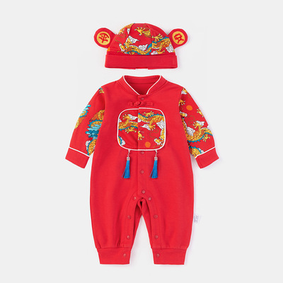 婴儿唐装连体衣红色爬服龙凤胎