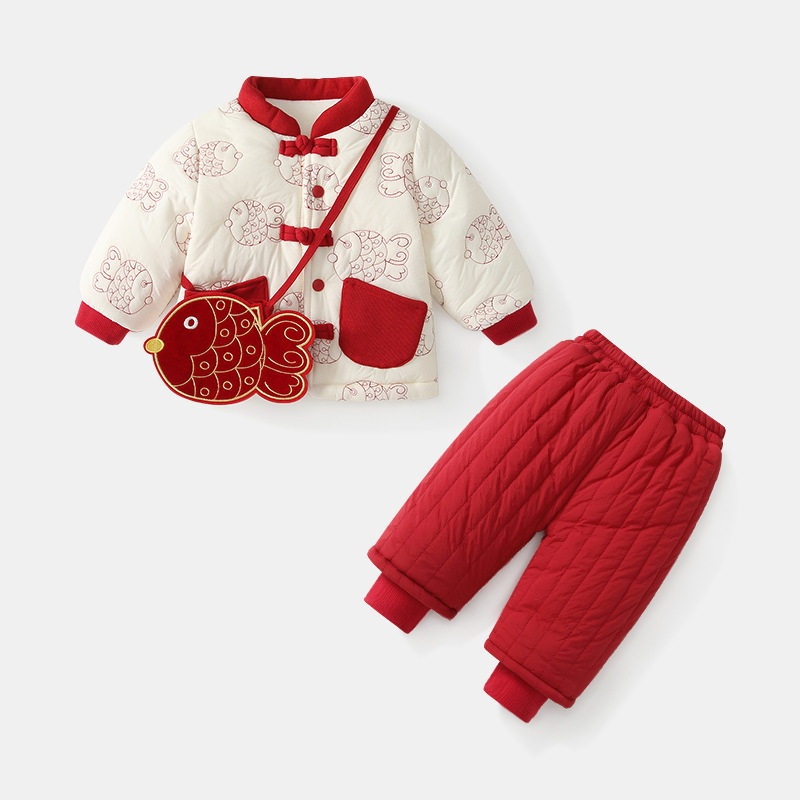 女童马年拜年服新中式棉服套装加绒婴儿周岁过年衣服宝宝冬装喜庆