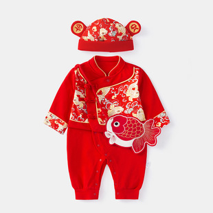 婴儿百日宴红色连体衣纯棉男宝宝周岁礼服中国风唐装满月新生儿服