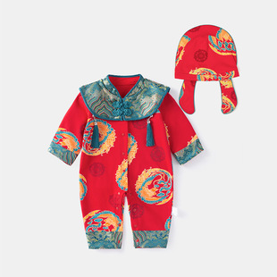 女宝满月服红色连体衣纯棉新生儿周岁服长袖秋装百天婴儿爬服中式