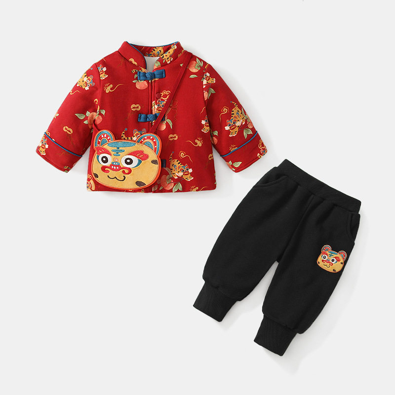 男童过年衣服夹棉套装中式婴儿喜庆拜年服冬装宝宝唐装马年周岁服