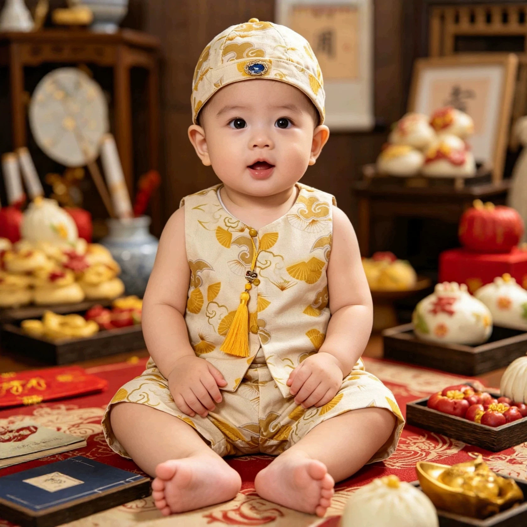 周岁礼服男宝新中式背心套装男童唐装黄色马甲夏装婴儿生日宴衣服