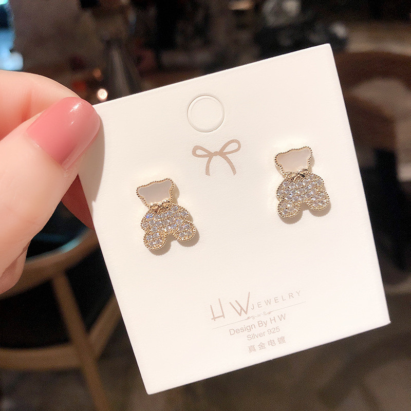 Real shot 925 silver needle full diamond Bear Earrings simple, small and lovely fairy Earrings personalized Earrings