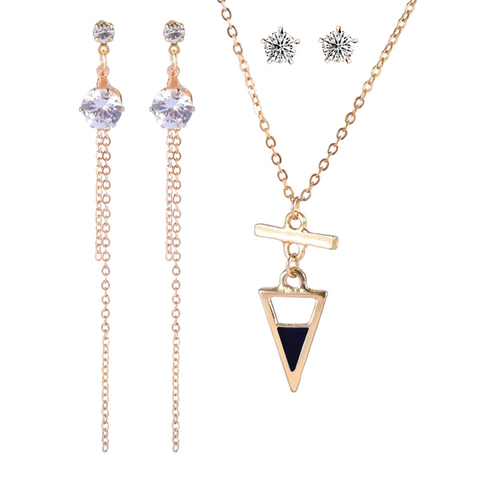 Foreign Trade Hot Selling Lady Simple Fashion Triangular Pendant Zircon Jewelry Set Environmental Protection Alloy Necklace