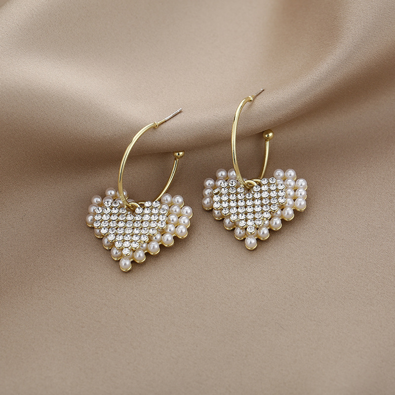 Real shot 925 silver needle love pearl earrings with Diamond Earrings