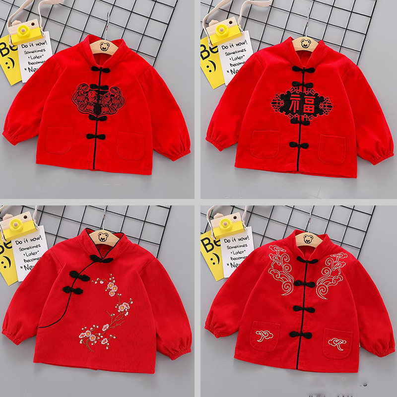 宝宝灯芯绒罩衣男女儿童唐装反穿衣秋冬春大红新年防水拜年吃饭衣