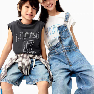 little moco2025夏男女童字母印花背心速干凉感无袖T恤KBE2VET008