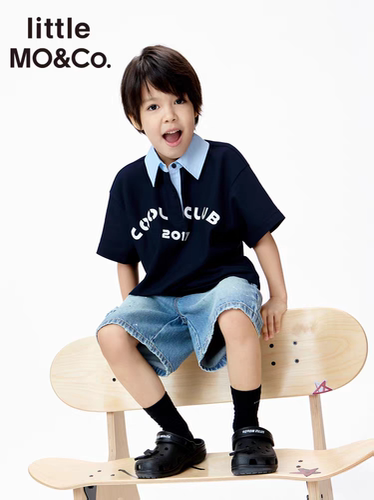 little moco童装26夏新款男女童撞色假两件印花短袖t恤KBF2TOP012