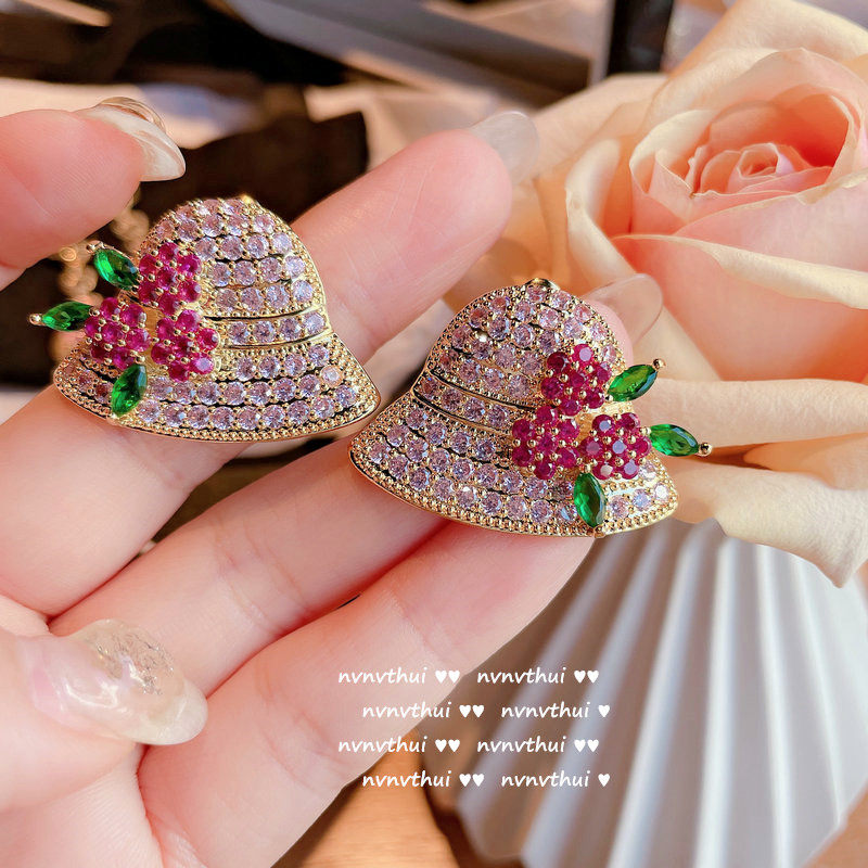 帕帕公主粉宝石帽子耳坠 镀18k金多切面锆石蝴蝶结水滴流苏耳环