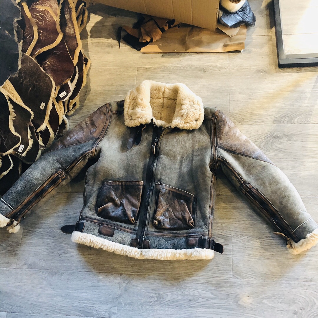 可定制 B3皮毛一体投弹手皮衣 经典飞行员皮毛夹克 水洗做旧牛皮