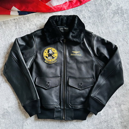G1飞行员皮夹克 真毛领菲力猫巴基斯坦山羊皮 复古男女美式皮衣