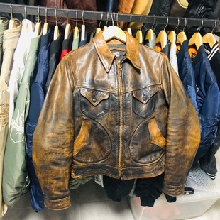 门多萨皮衣定制偏黄混合嚓色复古皮夹克 澳洲小牛皮精手工