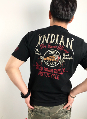 INDIAN印第安复古机车风 纯棉圆领短袖T恤 夏款重工刺绣 男女同款