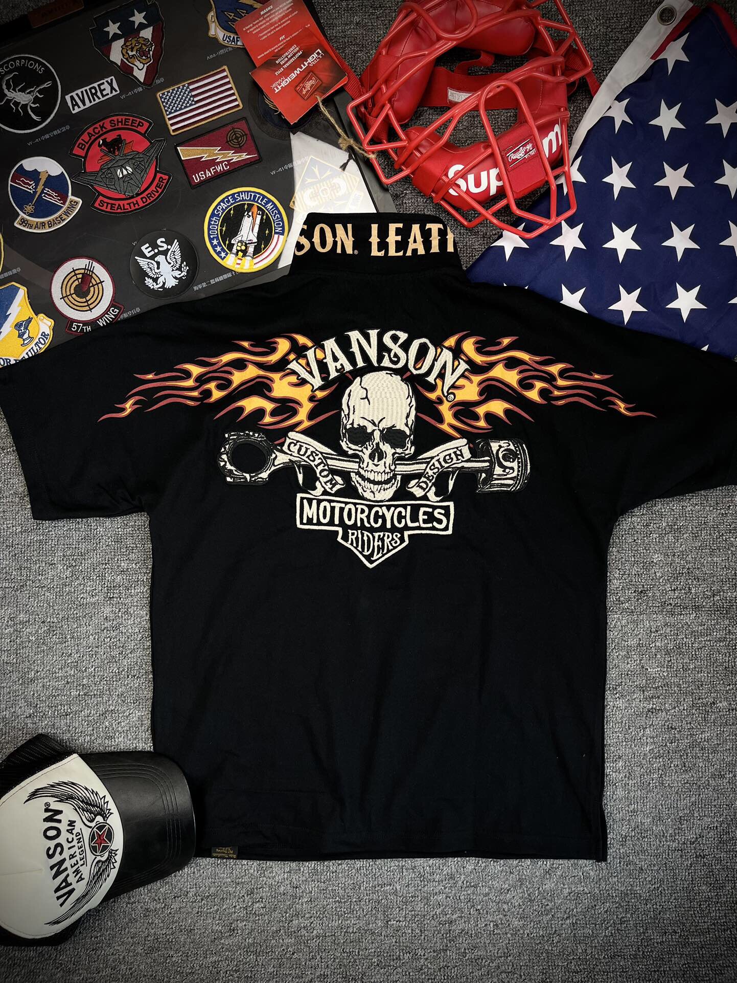 Skull短袖黑色tee 摩托机车重工刺绣款T恤火焰骷髅摇滚纹身半袖衫