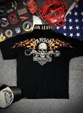 Skull短袖黑色tee 摩托机车重工刺绣款T恤火焰骷髅摇滚纹身半袖衫