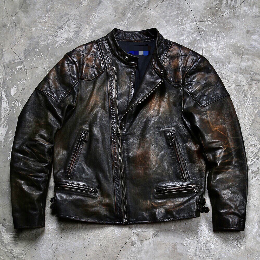 美式复古皮衣定制摩托机车风皮夹克斜拉链多袋男手工渗透植鞣牛皮