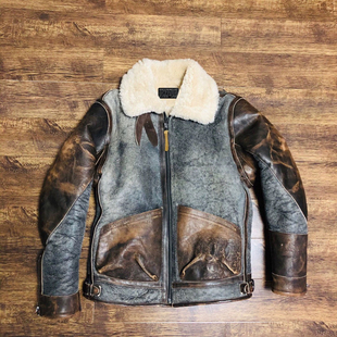 镇店皮衣D3投弹手B3皮毛一体澳洲长卷毛爆裂纹脱色复古重水洗褶皱